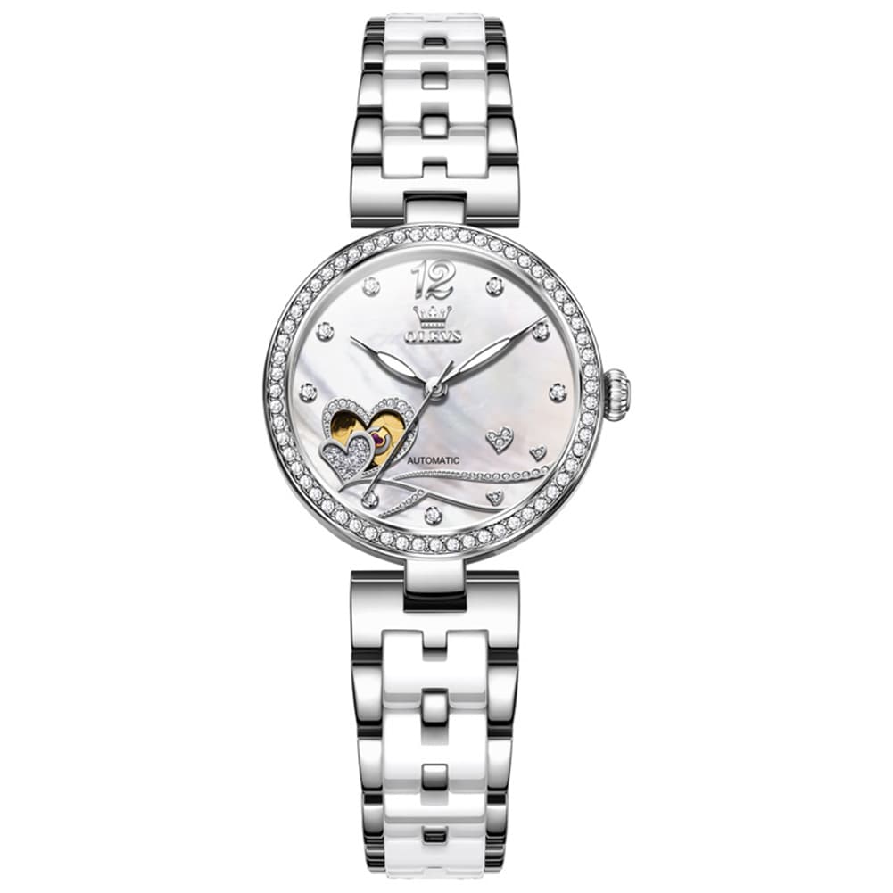 OLEVS 7086 Ceramic Heart Open Heart Automatic Watch For Women - Silver White Watch | Olevs Watch Store