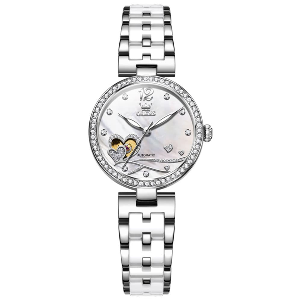 OLEVS 7086 Ceramic Heart Open Heart Automatic Watch For Women - Silver White Watch | Olevs Watch Store