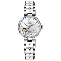OLEVS 7086 Ceramic Heart Open Heart Automatic Watch For Women - Silver White Watch | Olevs Watch Store
