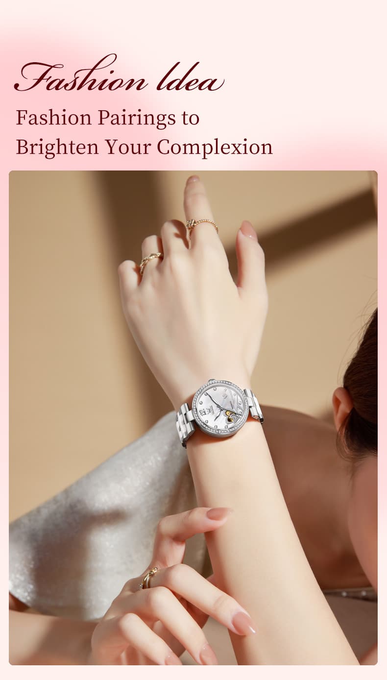 OLEVS 7086 Ceramic Heart Open Heart Automatic Watch For Women - Silver White Watch | Olevs Watch Store
