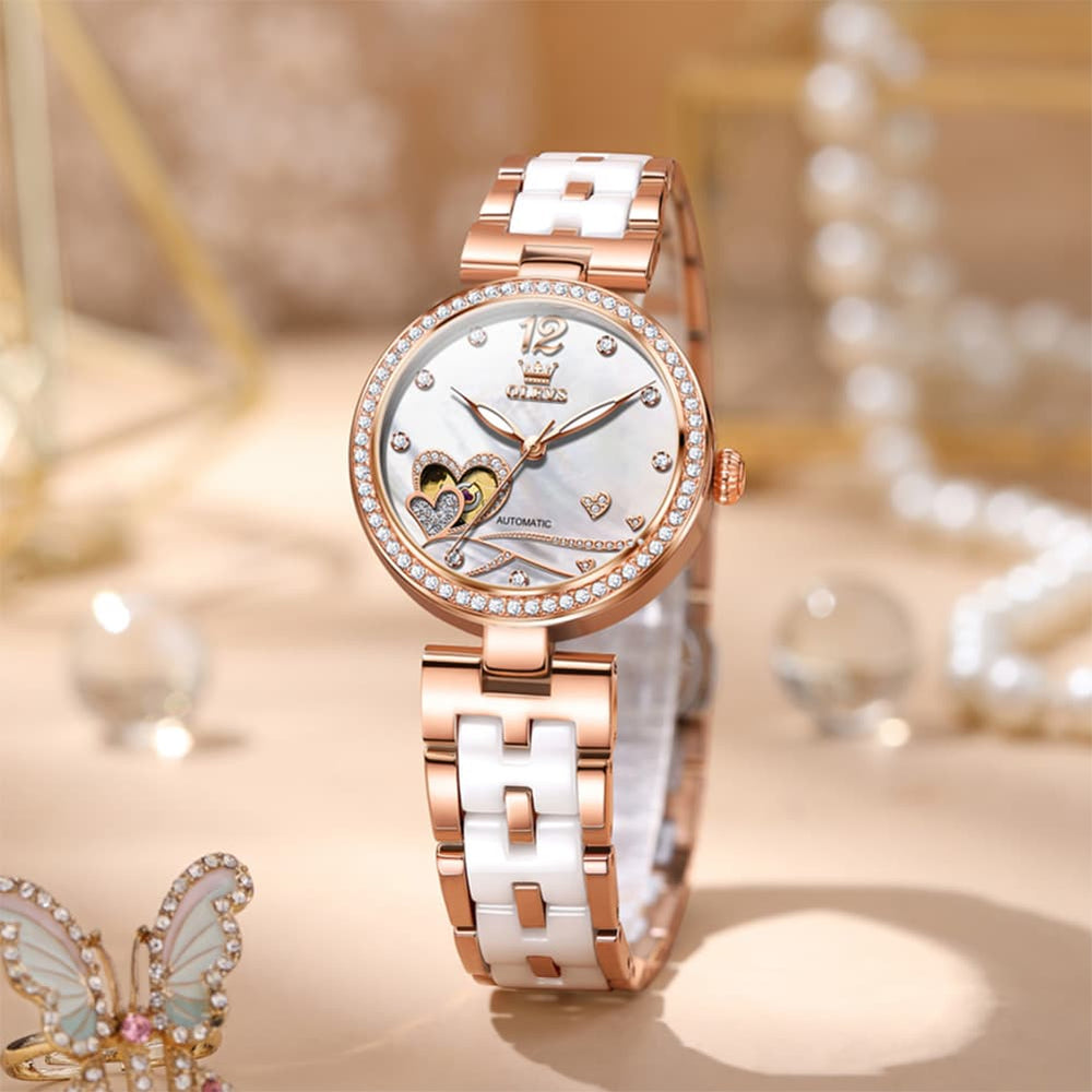 OLEVS 7086 Ceramic Heart Open Heart Automatic Watch For Women - Silver White Watch | Olevs Watch Store