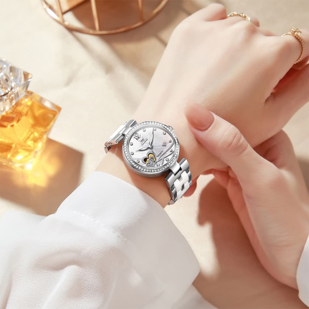 OLEVS 7086 Ceramic Heart Open Heart Automatic Watch For Women - Silver White Watch | Olevs Watch Store