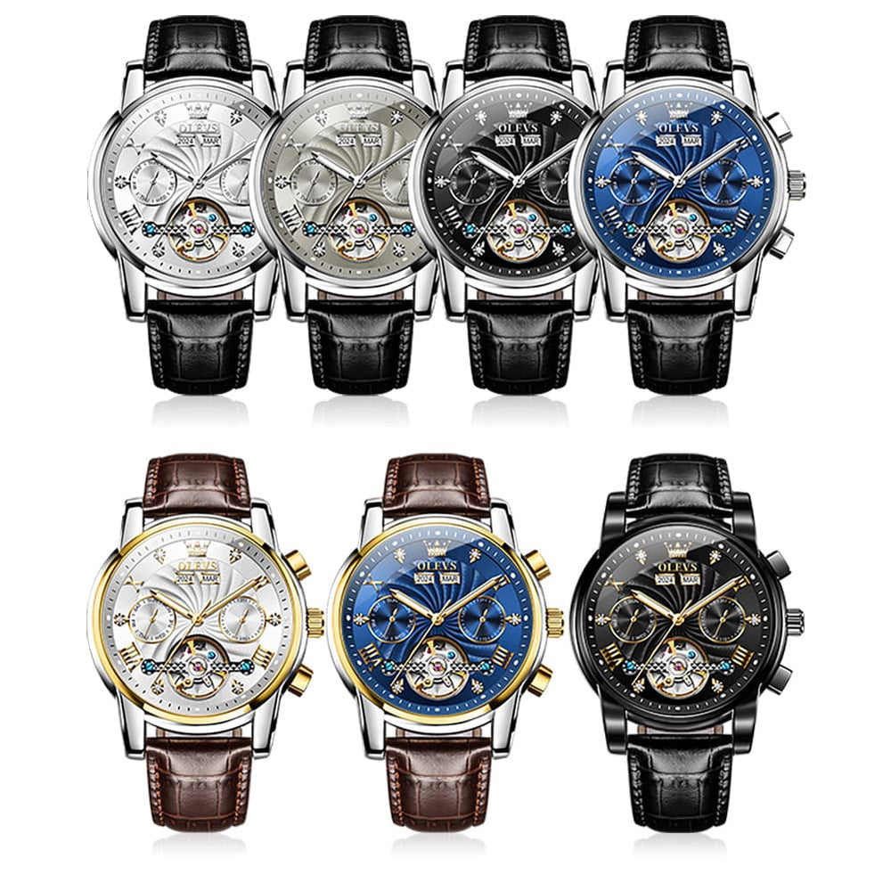 OLEVS 7088 Open Heart Leather Automatic Watch For Men - Silver Blue (Black Leather) Watch | Olevs Watch Store