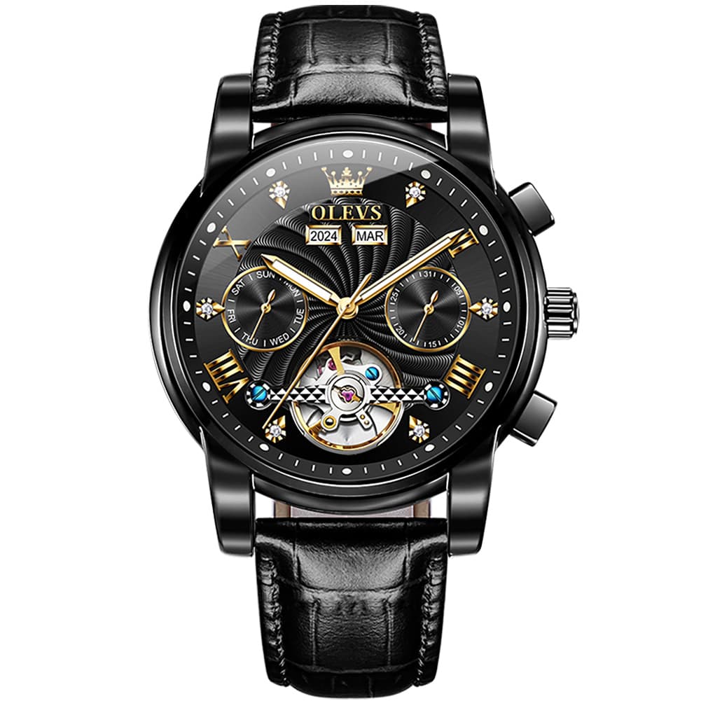 OLEVS 7088 Open Heart Leather Automatic Watch For Men - Silver Blue (Black Leather) Watch | Olevs Watch Store