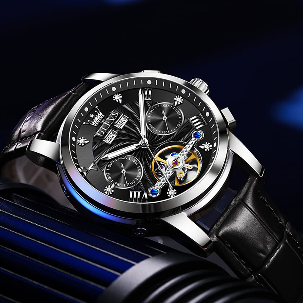 OLEVS 7088 Open Heart Leather Automatic Watch For Men - Silver Blue (Black Leather) Watch | Olevs Watch Store