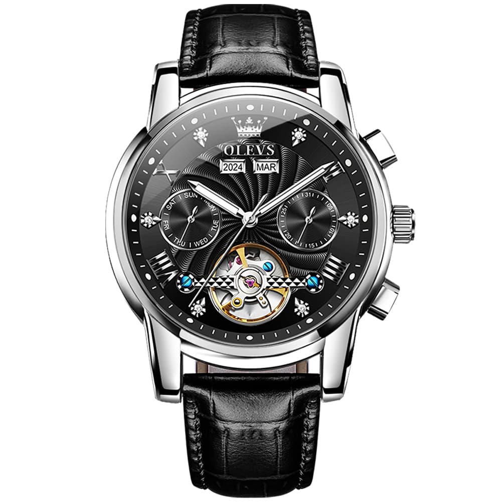 OLEVS 7088 Open Heart Leather Automatic Watch For Men - Silver Blue (Black Leather) Watch | Olevs Watch Store