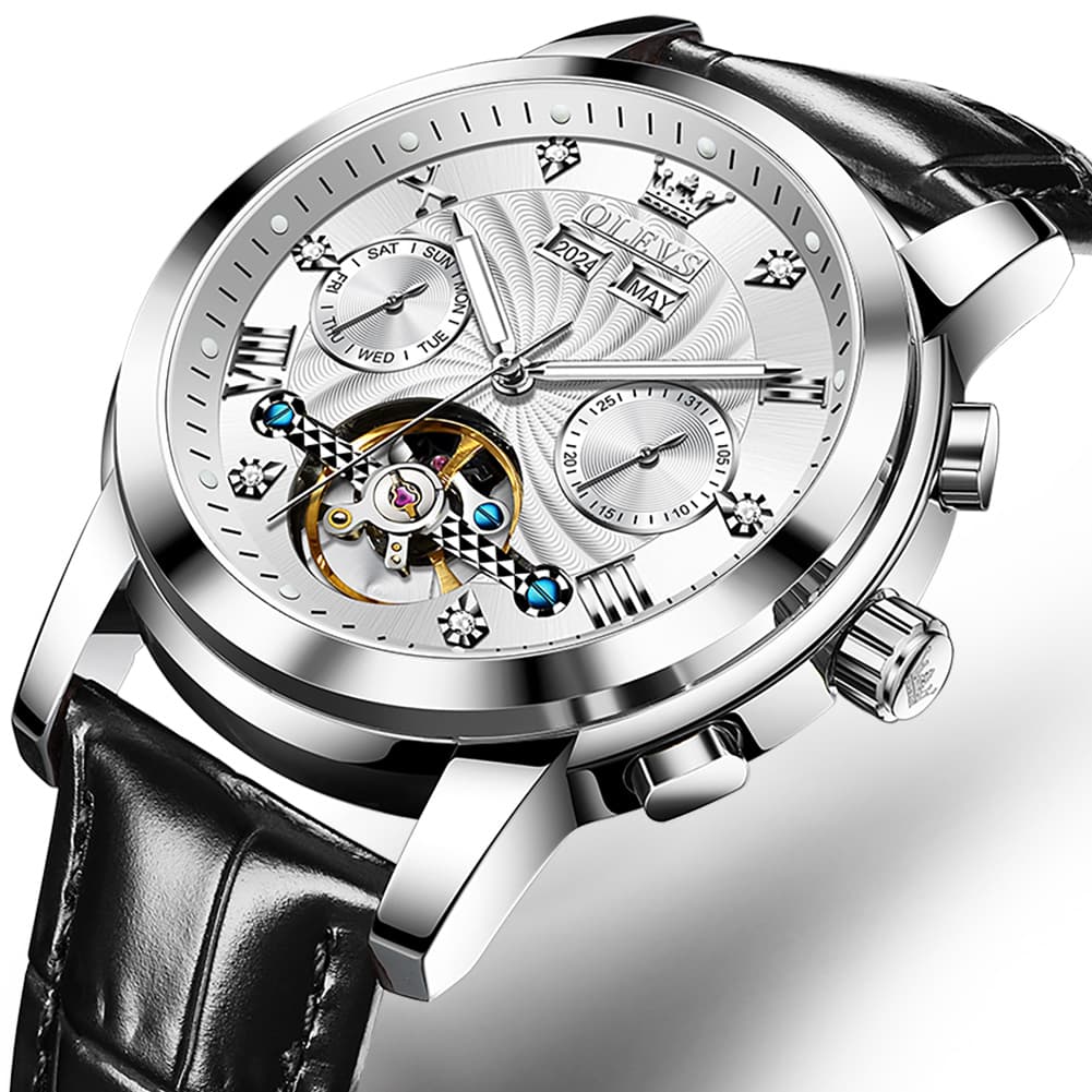 OLEVS 7088 Open Heart Leather Automatic Watch For Men - Silver Blue (Black Leather) Watch | Olevs Watch Store