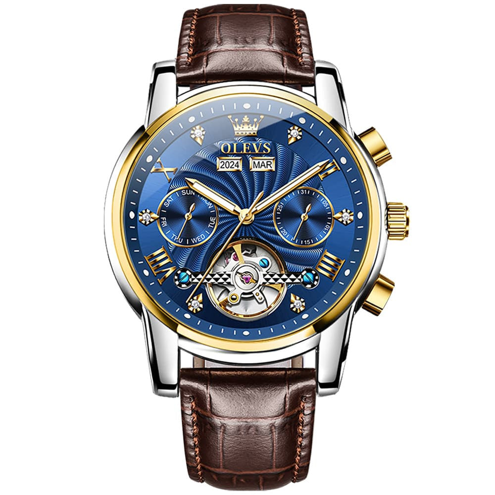 OLEVS 7088 Open Heart Leather Automatic Watch For Men - Silver Blue (Black Leather) Watch | Olevs Watch Store