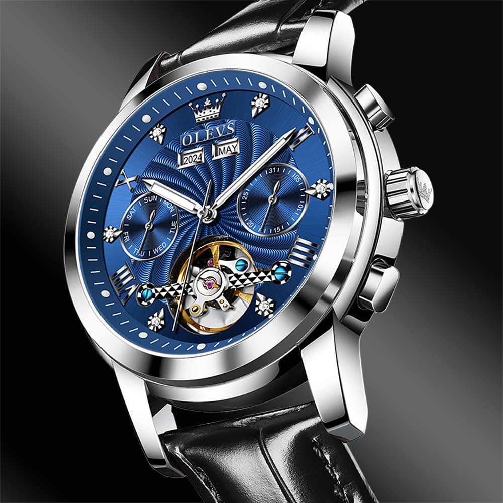 OLEVS 7088 Open Heart Leather Automatic Watch For Men - Silver Blue (Black Leather) Watch | Olevs Watch Store