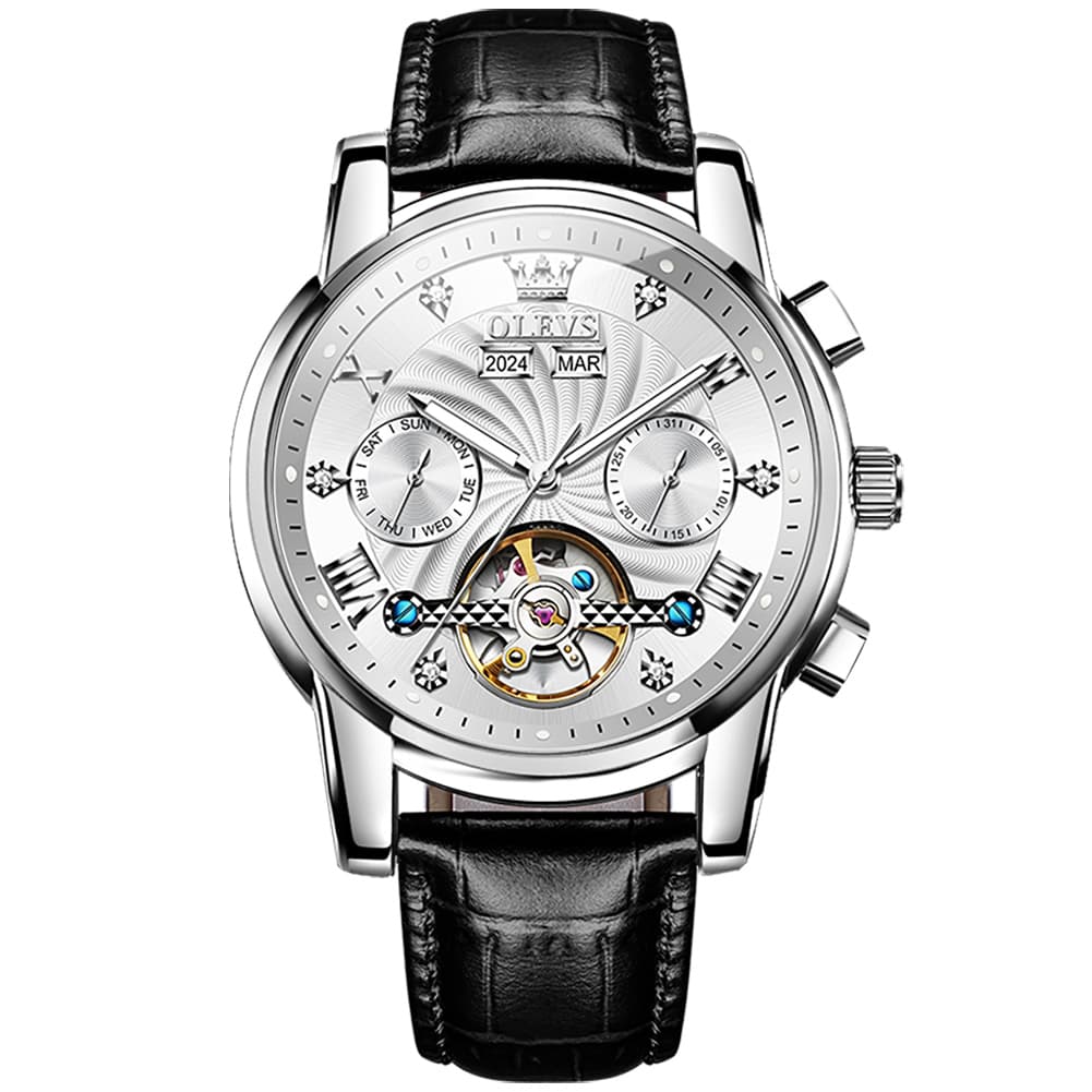 OLEVS 7088 Open Heart Leather Automatic Watch For Men - Silver Blue (Black Leather) Watch | Olevs Watch Store