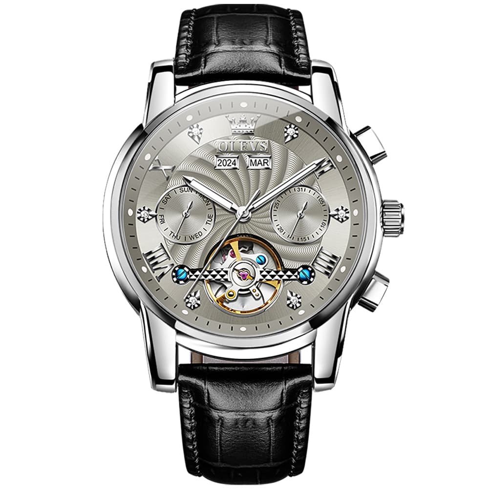 OLEVS 7088 Open Heart Leather Automatic Watch For Men - Silver Blue (Black Leather) Watch | Olevs Watch Store