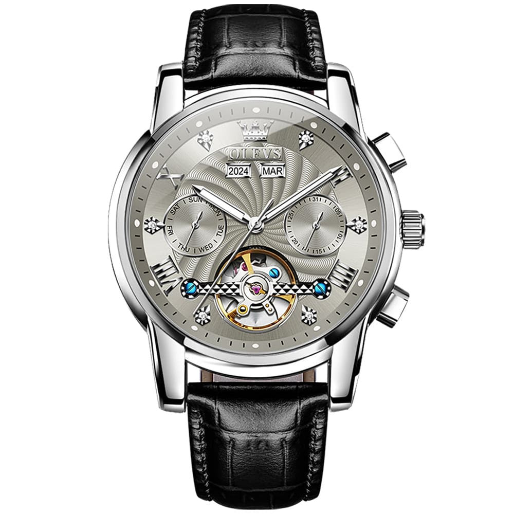 OLEVS 7088 Open Heart Leather Automatic Watch For Men - Silver Blue (Black Leather) Watch | Olevs Watch Store