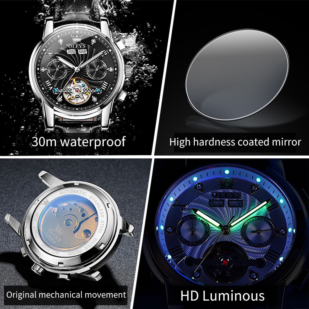 OLEVS 7088 Open Heart Leather Automatic Watch For Men - Silver Blue (Black Leather) Watch | Olevs Watch Store