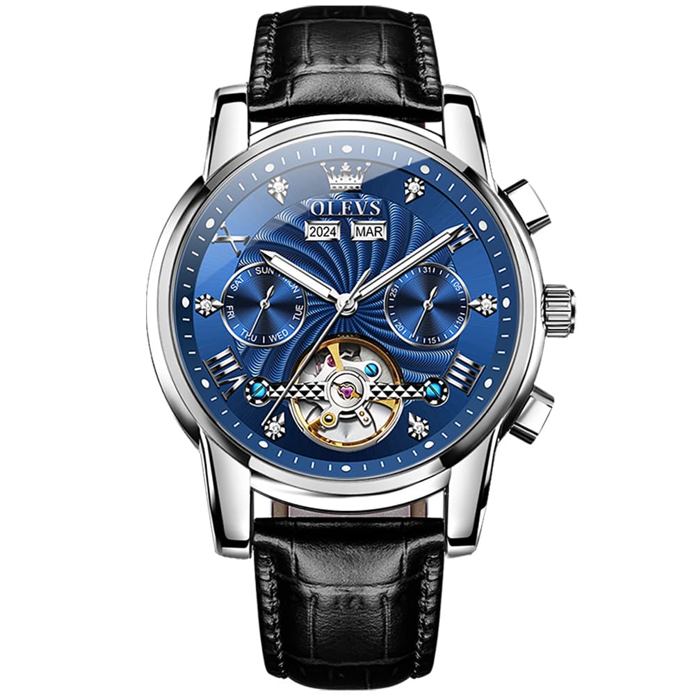 OLEVS 7088 Open Heart Leather Automatic Watch For Men - Silver Blue (Black Leather) Watch | Olevs Watch Store