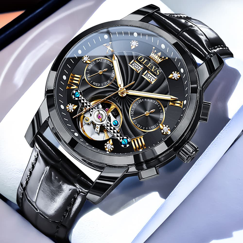 OLEVS 7088 Open Heart Leather Automatic Watch For Men - All Black (Black Leather) Watch | Olevs Watch Store