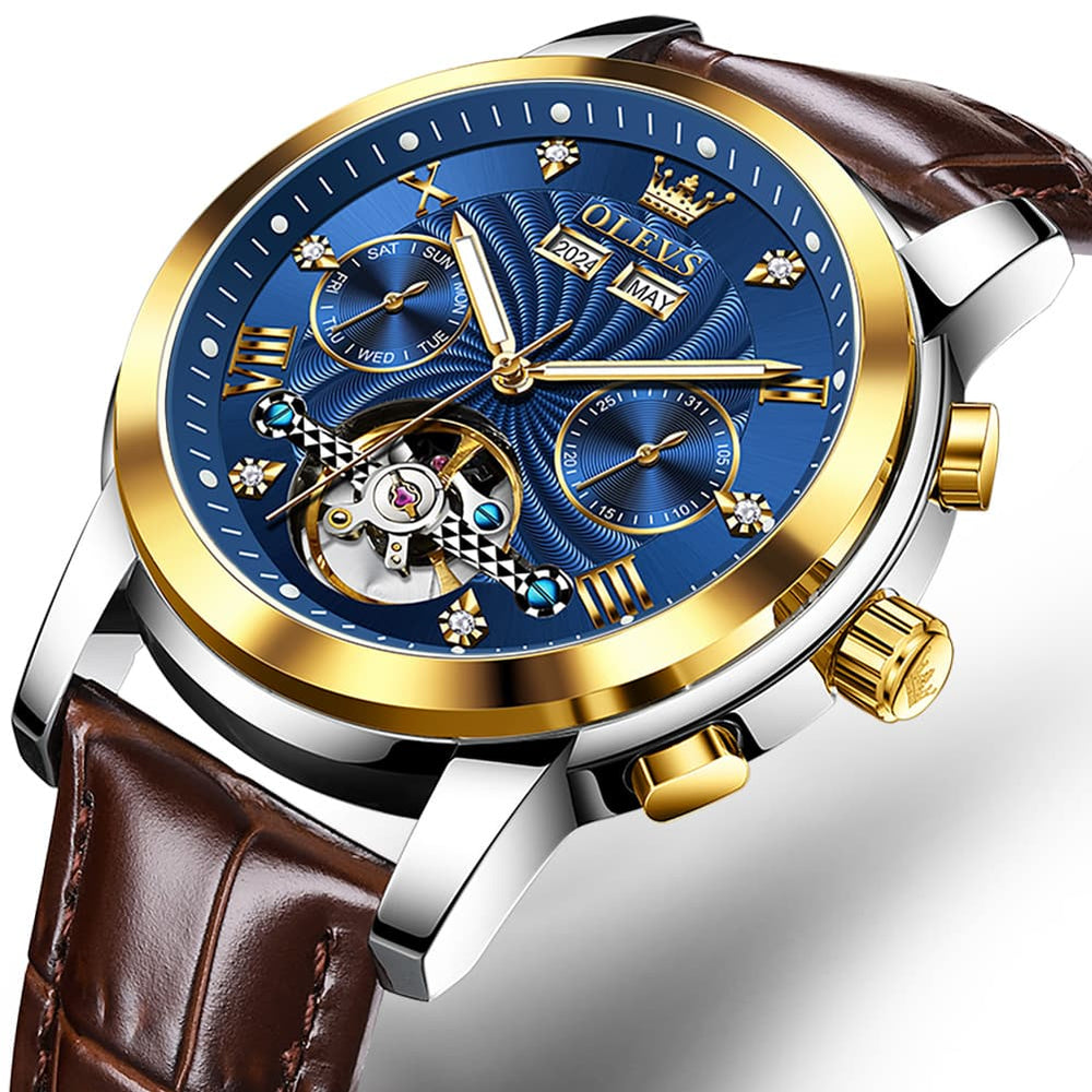OLEVS 7088 Open Heart Leather Automatic Watch For Men - Silver Blue (Black Leather) Watch | Olevs Watch Store