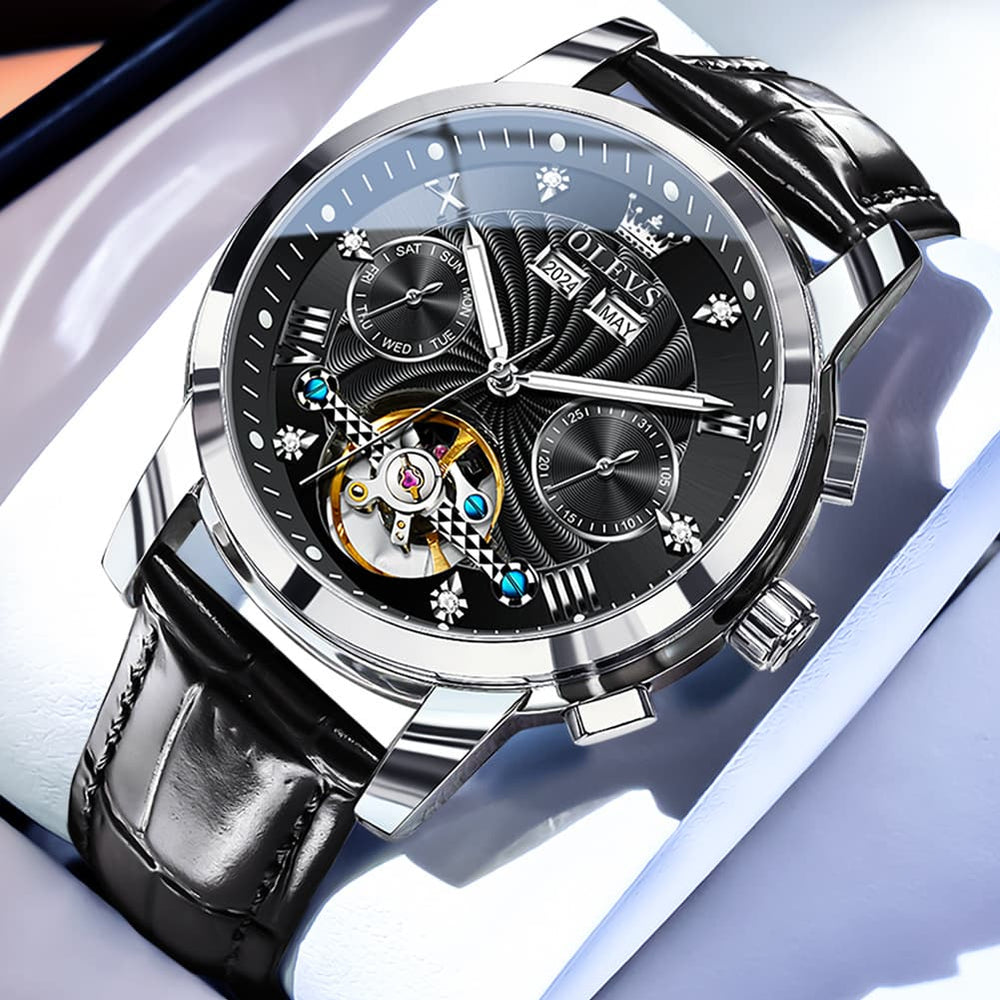 OLEVS 7088 Open Heart Leather Automatic Watch For Men - Silver Black (Black Leather) Watch | Olevs Watch Store