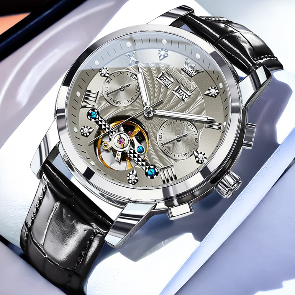 OLEVS 7088 Open Heart Leather Automatic Watch For Men - Silver Grey (Black Leather) Watch | Olevs Watch Store