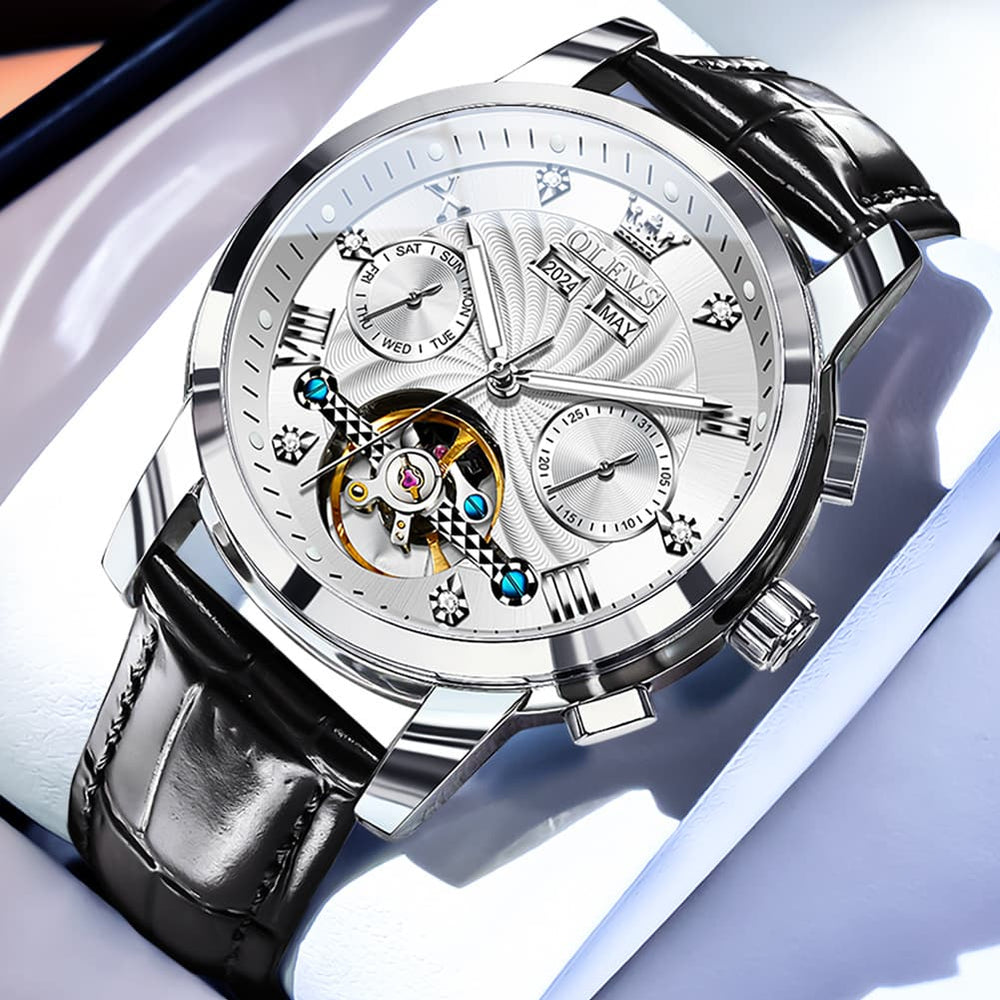 OLEVS 7088 Open Heart Leather Automatic Watch For Men - Silver White (Black Leather) Watch | Olevs Watch Store