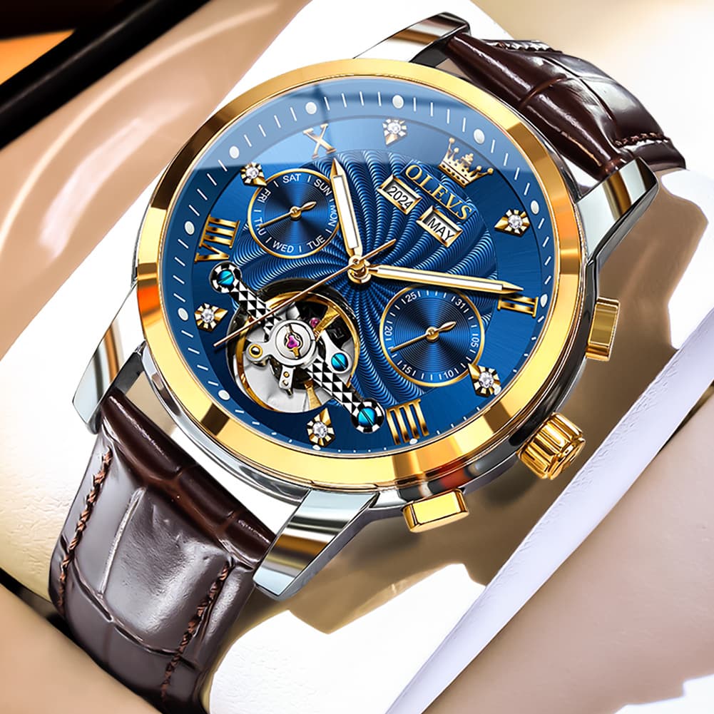 OLEVS 7088 Open Heart Leather Automatic Watch For Men - Two Tone Blue (Brown Leather) Watch | Olevs Watch Store