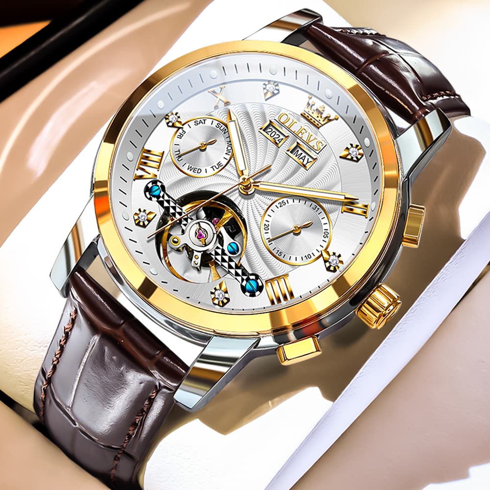 OLEVS 7088 Open Heart Leather Automatic Watch For Men - Two Tone White (Brown Leather) Watch | Olevs Watch Store