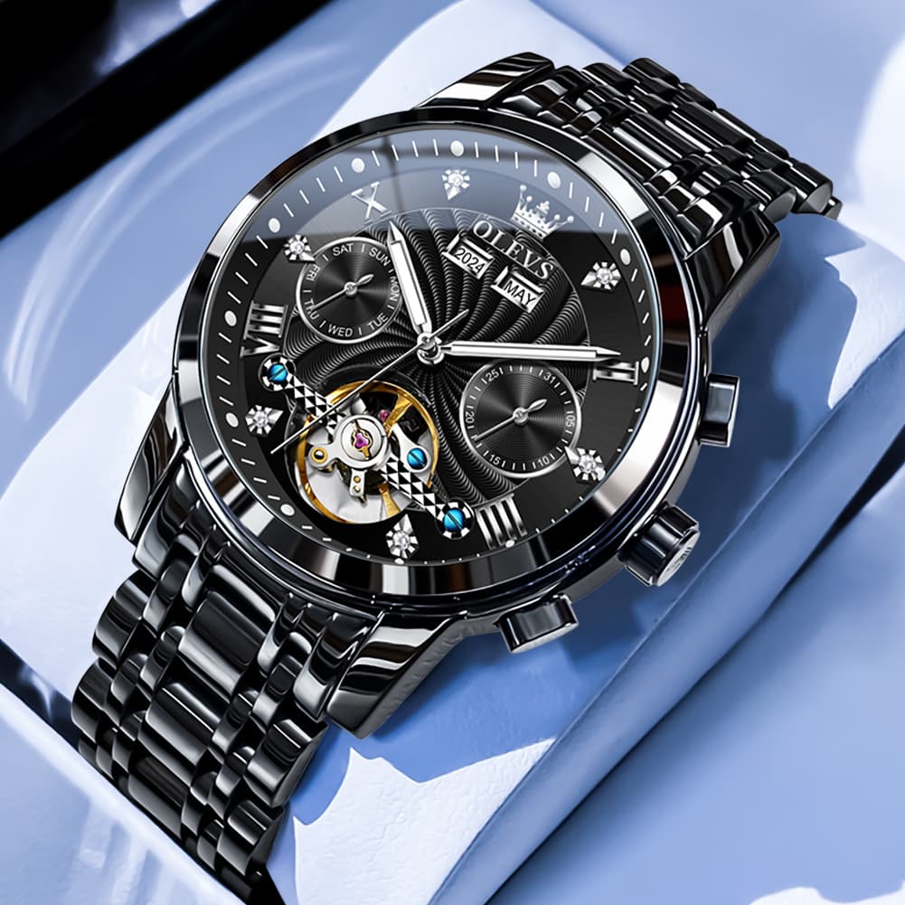 OLEVS 7088 Open Heart Roman Numeral Automatic Watch For Men - All Black Watch | Olevs Watch Store