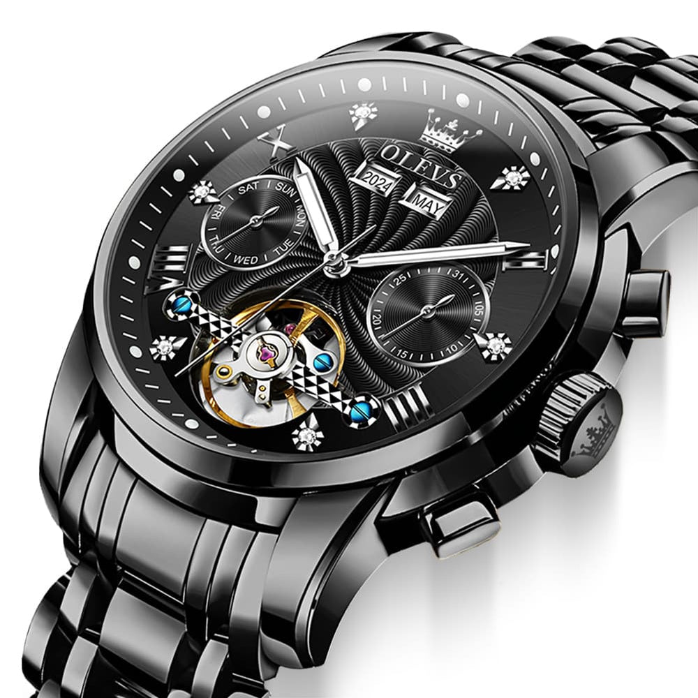 OLEVS 7088 Open Heart Roman Numeral Automatic Watch For Men - Black Gold Watch | Olevs Watch Store