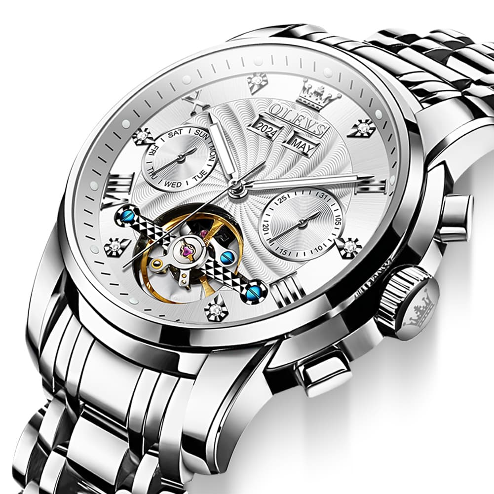 OLEVS 7088 Open Heart Roman Numeral Automatic Watch For Men - Black Gold Watch | Olevs Watch Store