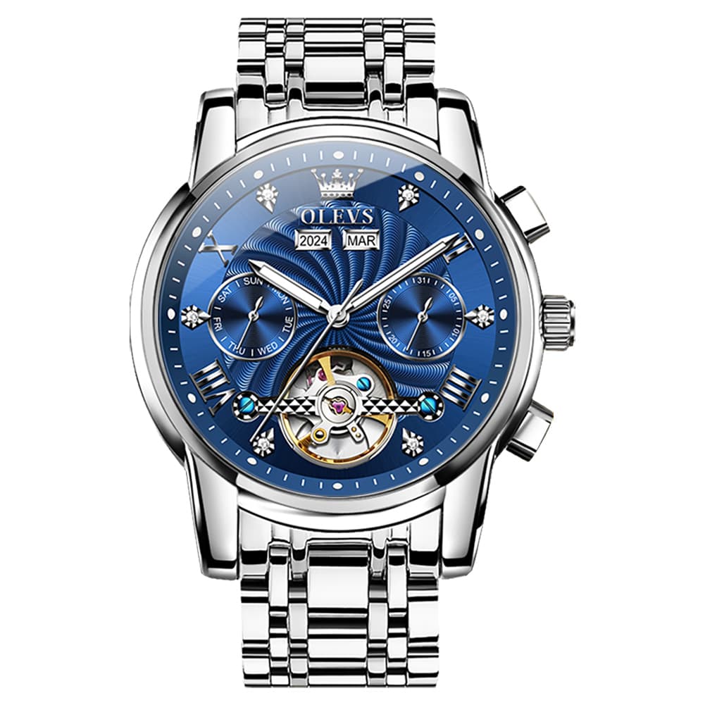 OLEVS 7088 Open Heart Roman Numeral Automatic Watch For Men - Black Gold Watch | Olevs Watch Store