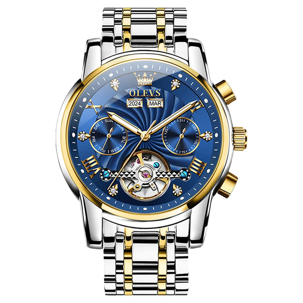 OLEVS 7088 Open Heart Roman Numeral Automatic Watch For Men - Black Gold Watch | Olevs Watch Store