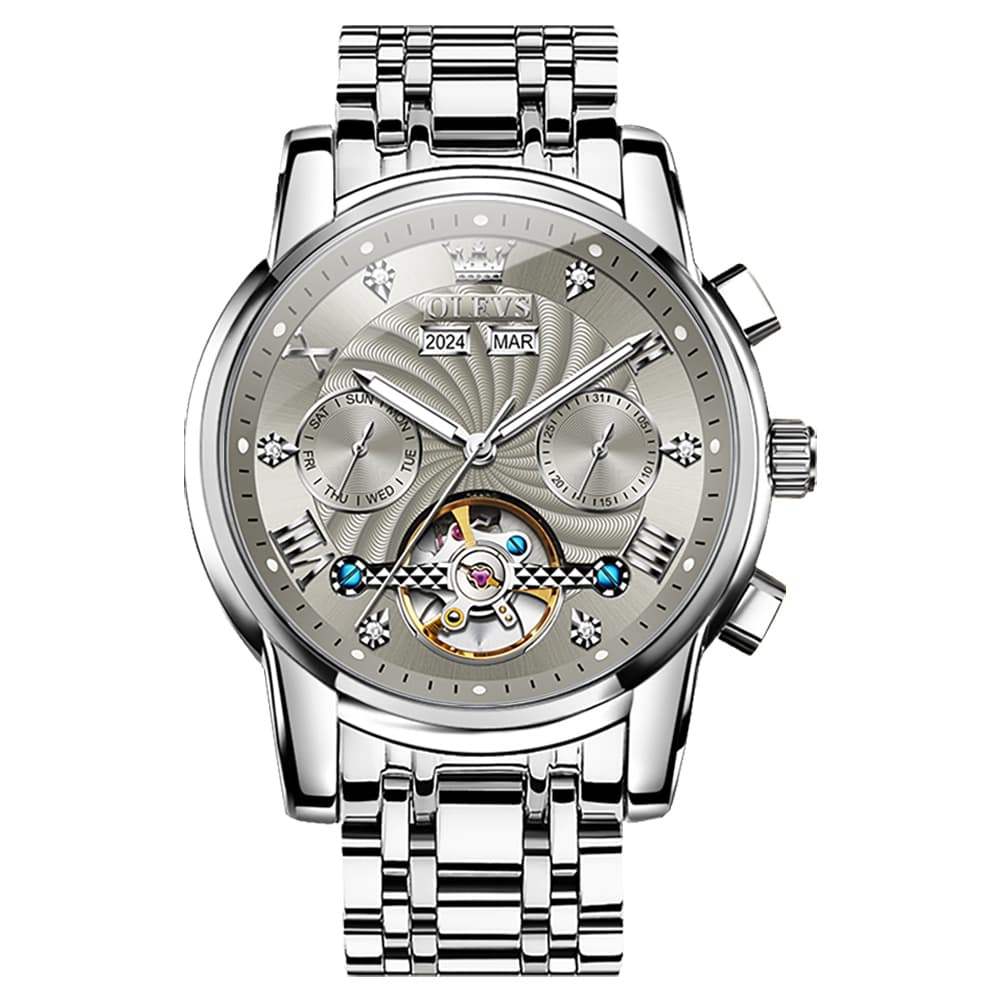 OLEVS 7088 Open Heart Roman Numeral Automatic Watch For Men - Black Gold Watch | Olevs Watch Store