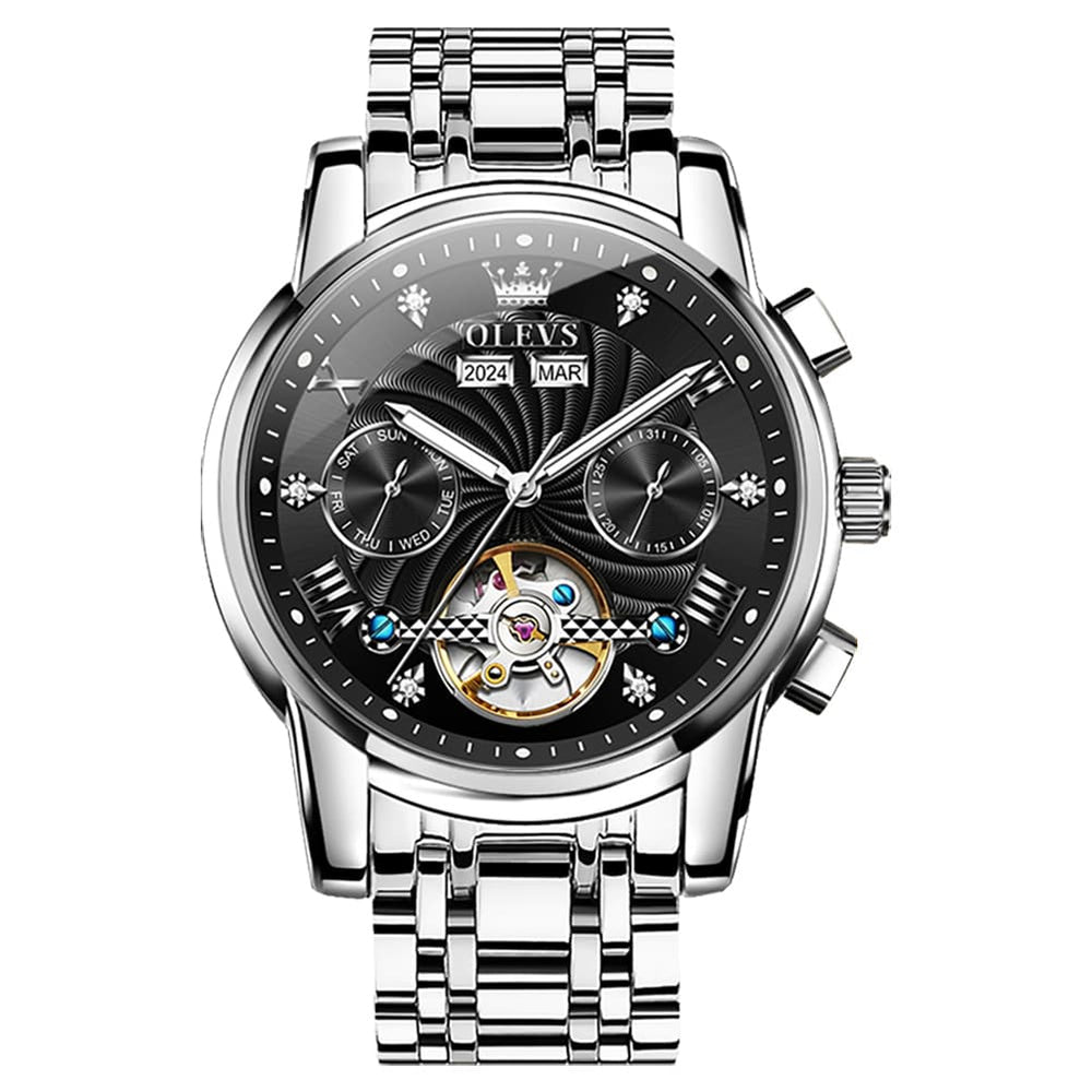 OLEVS 7088 Open Heart Roman Numeral Automatic Watch For Men - Black Gold Watch | Olevs Watch Store