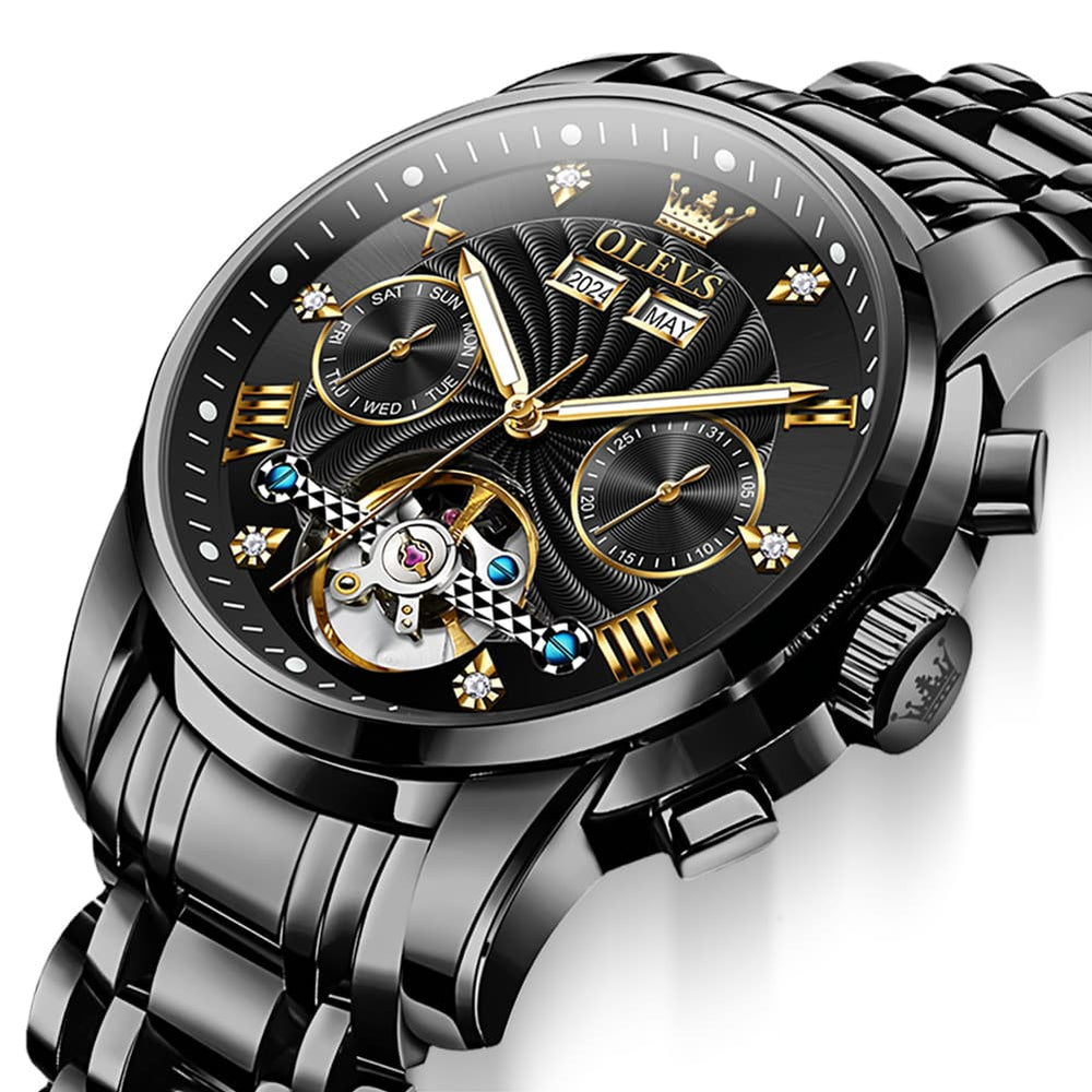 OLEVS 7088 Open Heart Roman Numeral Automatic Watch For Men - Black Gold Watch | Olevs Watch Store