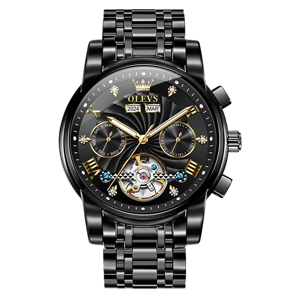 OLEVS 7088 Open Heart Roman Numeral Automatic Watch For Men - Black Gold Watch | Olevs Watch Store