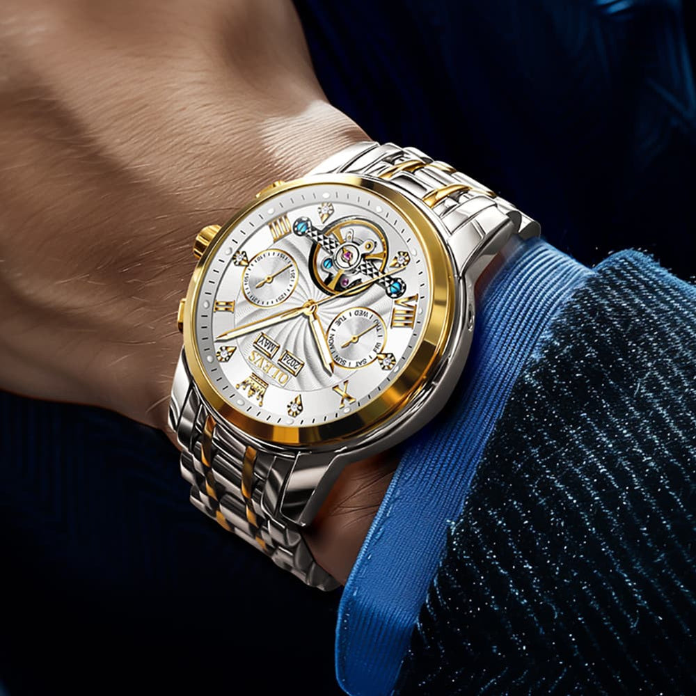 OLEVS 7088 Open Heart Roman Numeral Automatic Watch For Men - Black Gold Watch | Olevs Watch Store