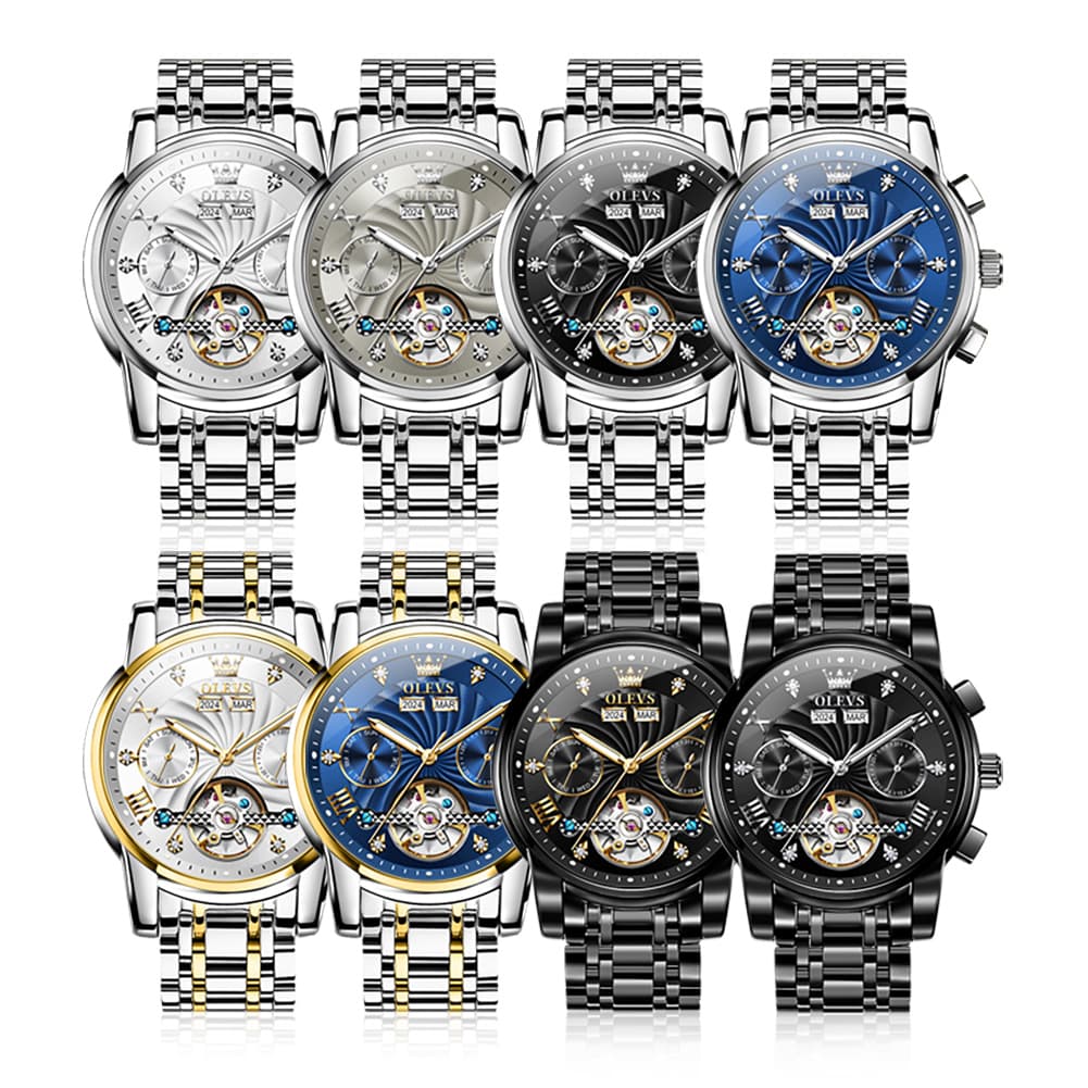 OLEVS 7088 Open Heart Roman Numeral Automatic Watch For Men - Black Gold Watch | Olevs Watch Store