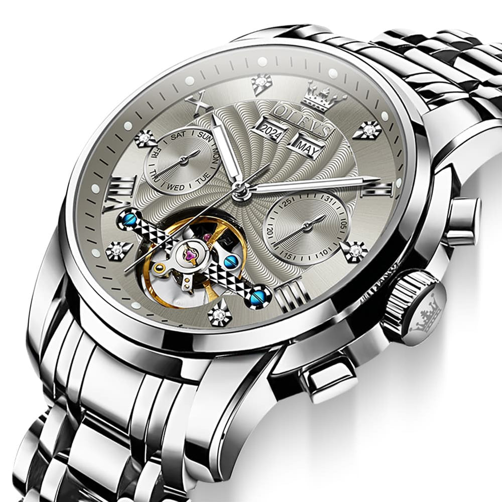 OLEVS 7088 Open Heart Roman Numeral Automatic Watch For Men - Black Gold Watch | Olevs Watch Store