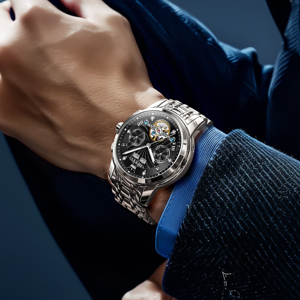OLEVS 7088 Open Heart Roman Numeral Automatic Watch For Men - Black Gold Watch | Olevs Watch Store