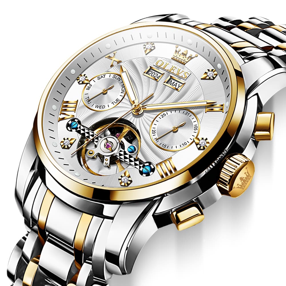 OLEVS 7088 Open Heart Roman Numeral Automatic Watch For Men - Black Gold Watch | Olevs Watch Store