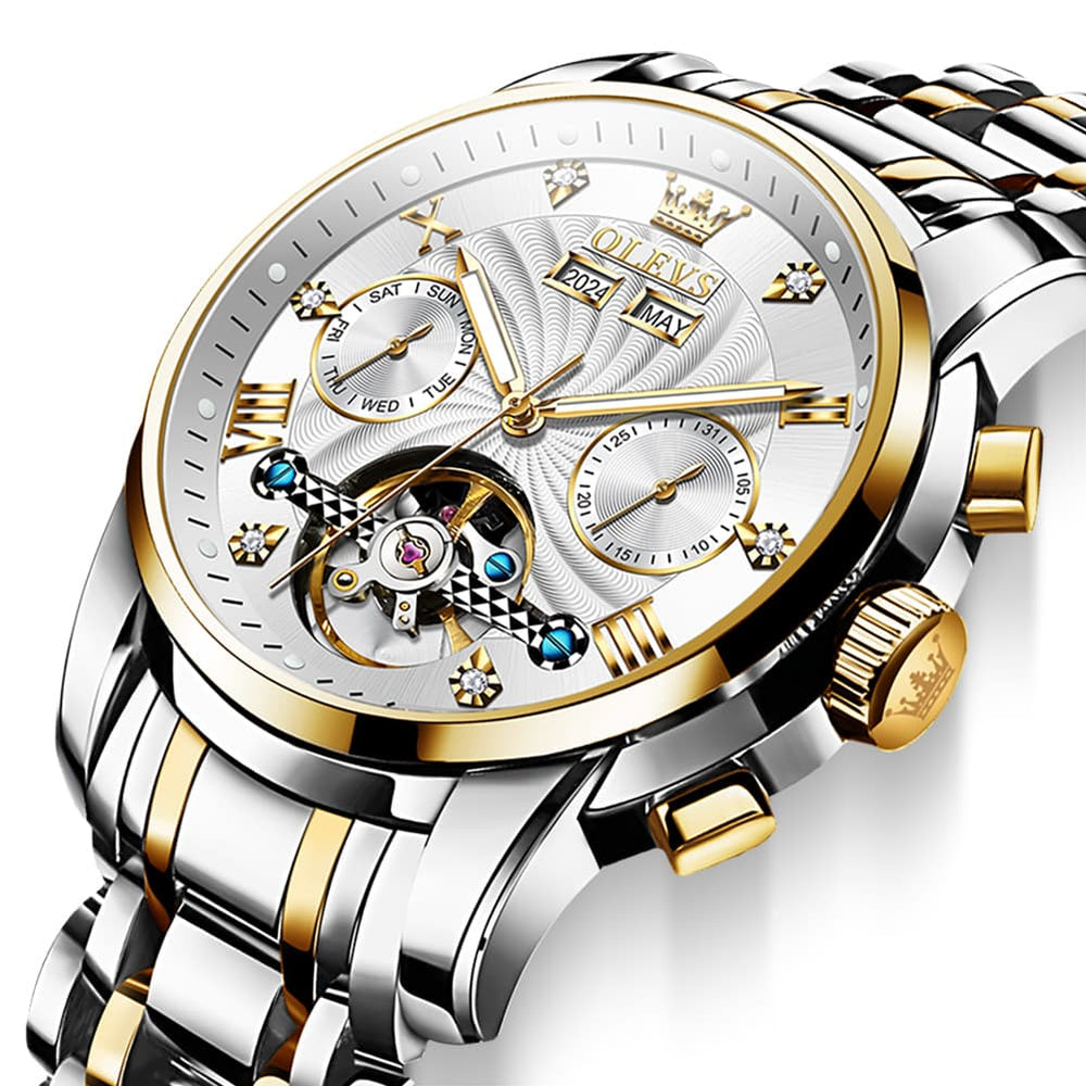 OLEVS 7088 Open Heart Roman Numeral Automatic Watch For Men - Black Gold Watch | Olevs Watch Store