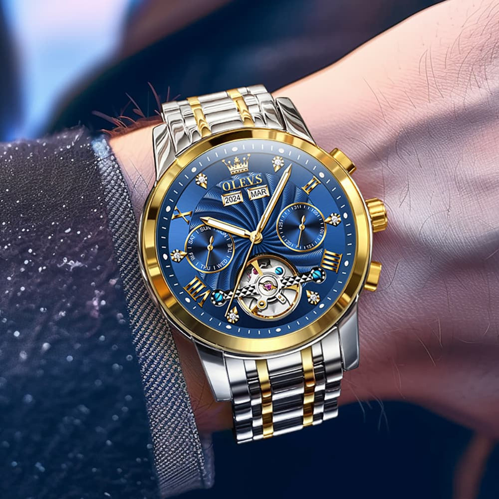 OLEVS 7088 Open Heart Roman Numeral Automatic Watch For Men - Black Gold Watch | Olevs Watch Store