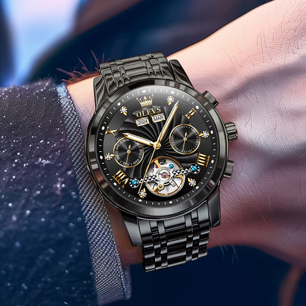 OLEVS 7088 Open Heart Roman Numeral Automatic Watch For Men - Black Gold Watch | Olevs Watch Store