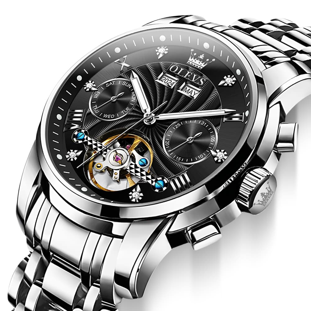 OLEVS 7088 Open Heart Roman Numeral Automatic Watch For Men - Black Gold Watch | Olevs Watch Store