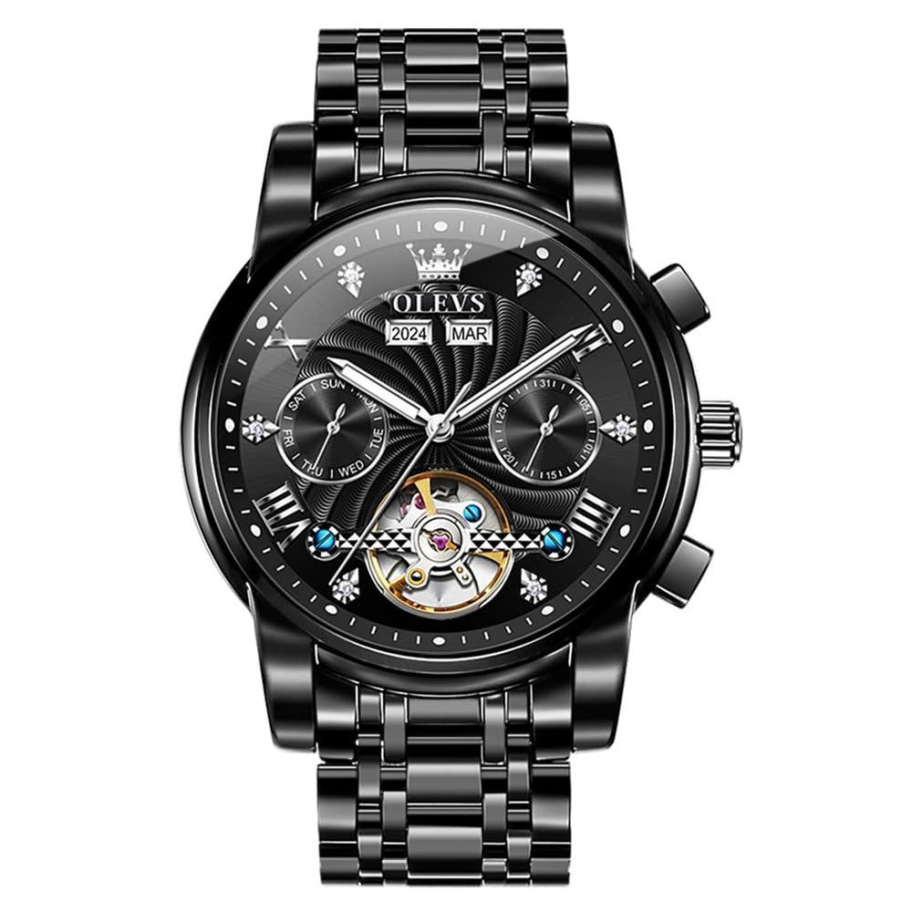 OLEVS 7088 Open Heart Roman Numeral Automatic Watch For Men - Black Gold Watch | Olevs Watch Store