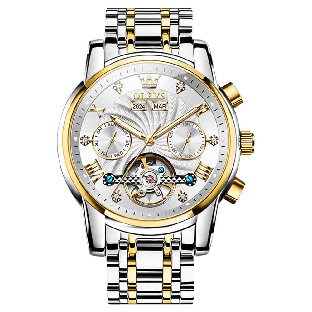 OLEVS 7088 Open Heart Roman Numeral Automatic Watch For Men - Black Gold Watch | Olevs Watch Store