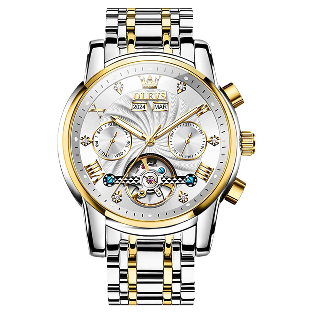 OLEVS 7088 Open Heart Roman Numeral Automatic Watch For Men - Black Gold Watch | Olevs Watch Store