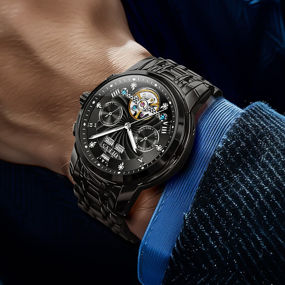 OLEVS 7088 Open Heart Roman Numeral Automatic Watch For Men - Black Gold Watch | Olevs Watch Store