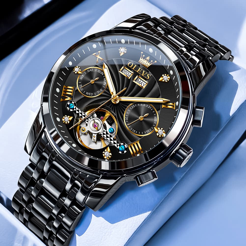 OLEVS 7088 Open Heart Roman Numeral Automatic Watch For Men - Black Gold Watch | Olevs Watch Store