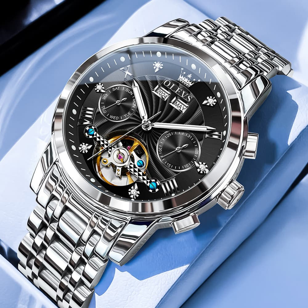 OLEVS 7088 Open Heart Roman Numeral Automatic Watch For Men - Silver Black Watch | Olevs Watch Store