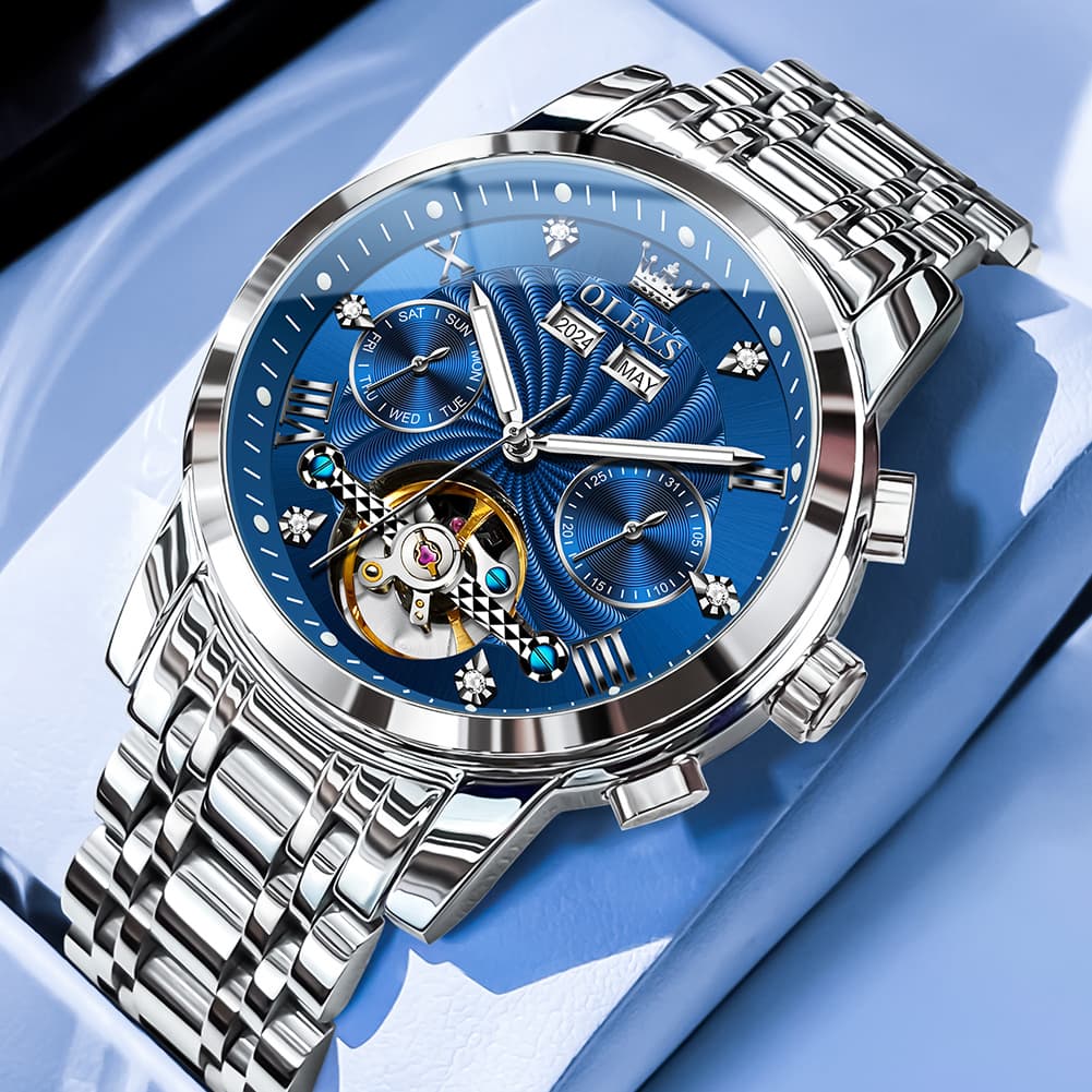 OLEVS 7088 Open Heart Roman Numeral Automatic Watch For Men - Silver Blue Watch | Olevs Watch Store